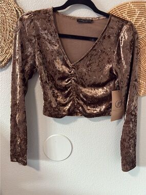 NWT- FINAL TOUCH Velvet Ruched V-Neck Long Sleeve Crop Top - Brown